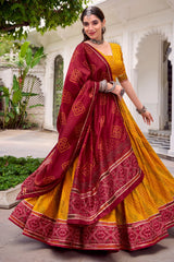 Yellow Flared Tussar Silk Printed Chaniya Choli