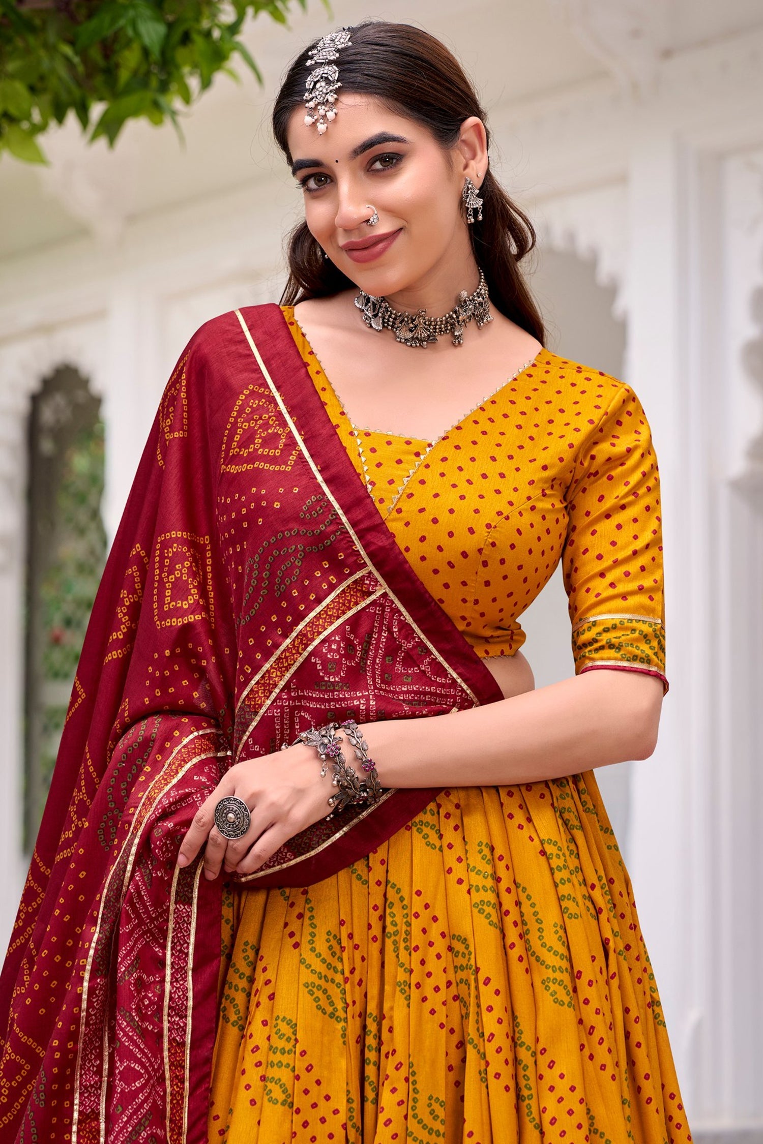 Yellow Flared Tussar Silk Printed Chaniya Choli