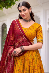 Yellow Flared Tussar Silk Printed Chaniya Choli