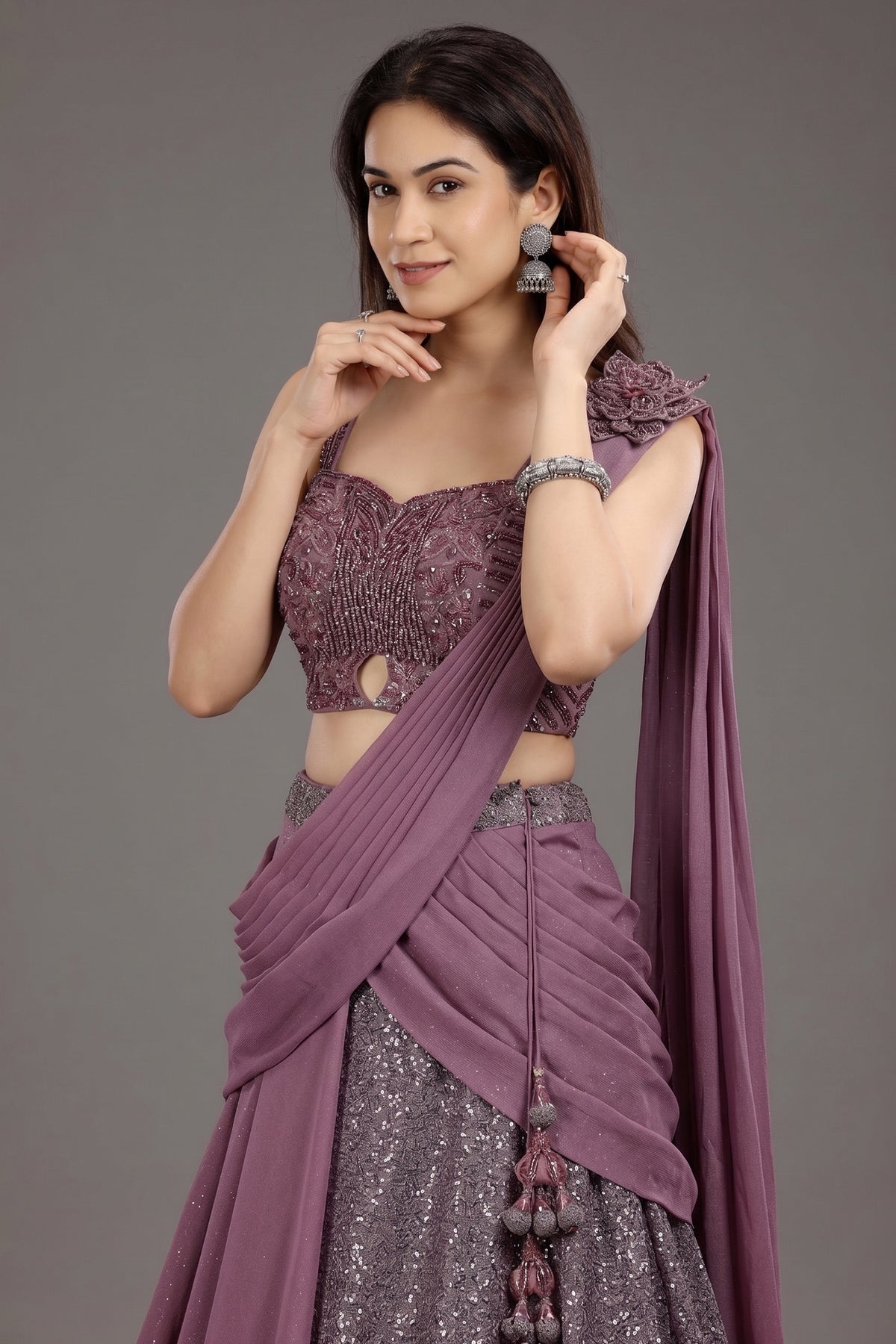 Mauve Net Embellished Sequin Cutdana Worked Lehenga with Attached Dupatta - net saree