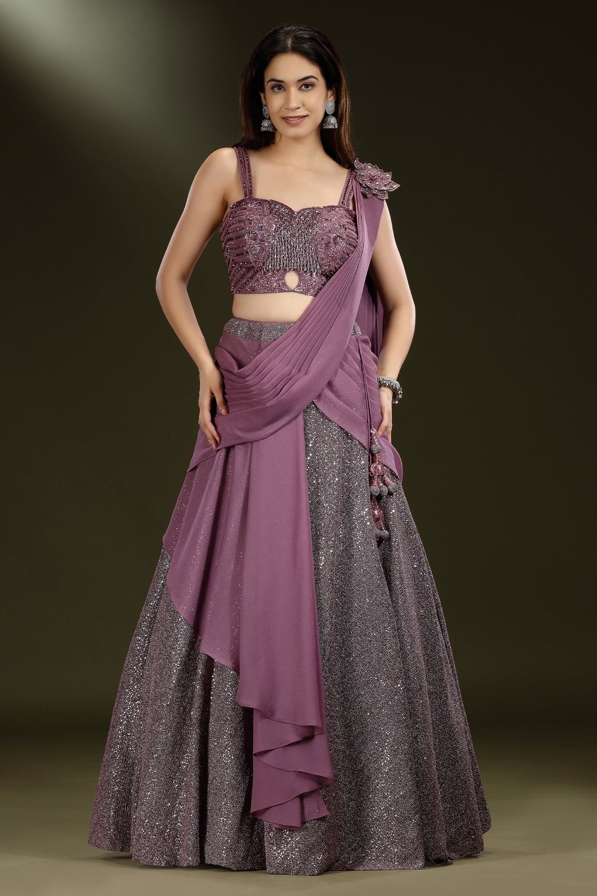 Mauve Net Embellished Sequin Cutdana Worked Lehenga with Attached Dupatta - net saree