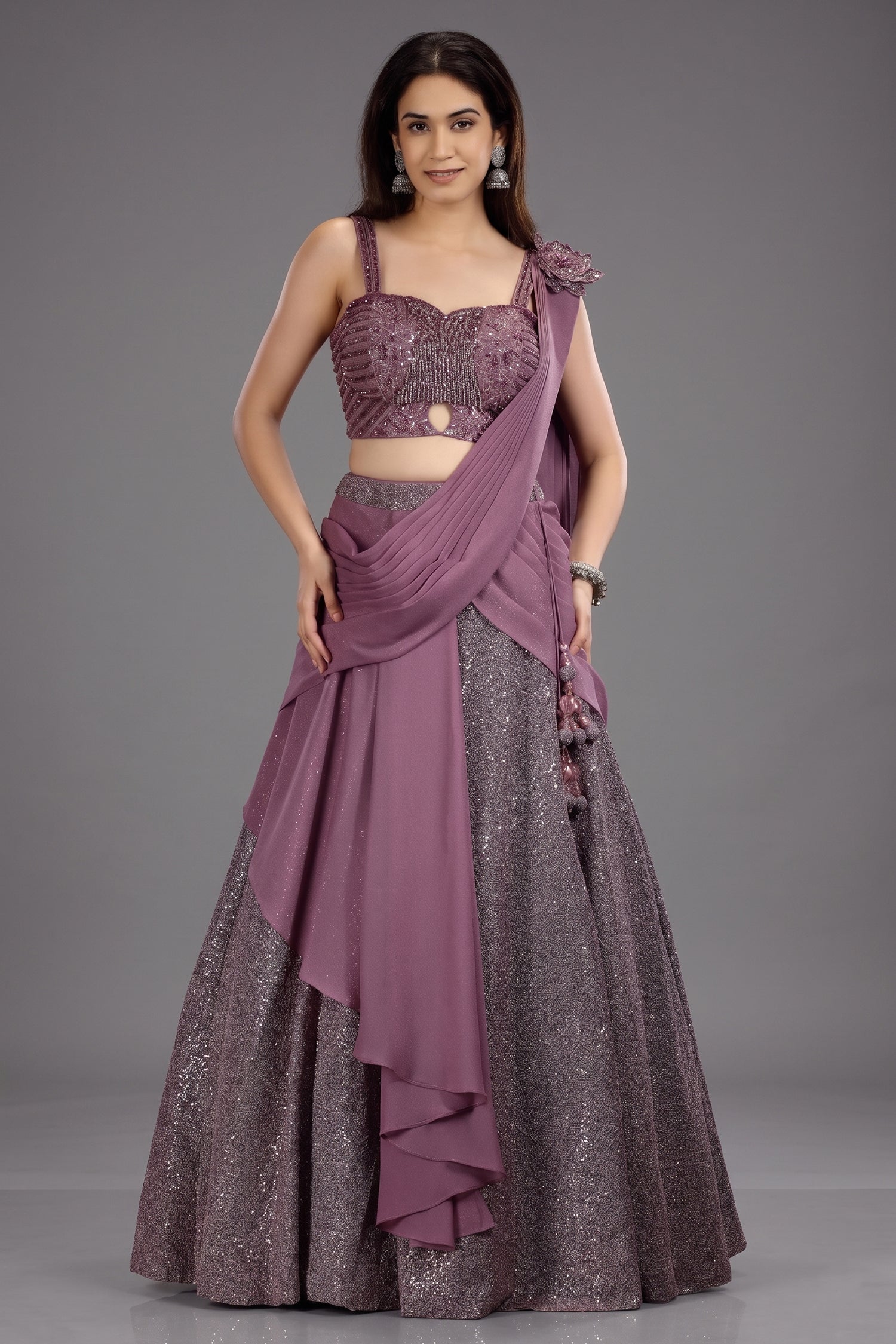 Mauve Net Embellished Sequin Cutdana Worked Lehenga with Attached Dupatta - net saree Main image