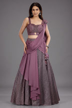Mauve Net Embellished Sequin Cutdana Worked Lehenga with Attached Dupatta - net saree