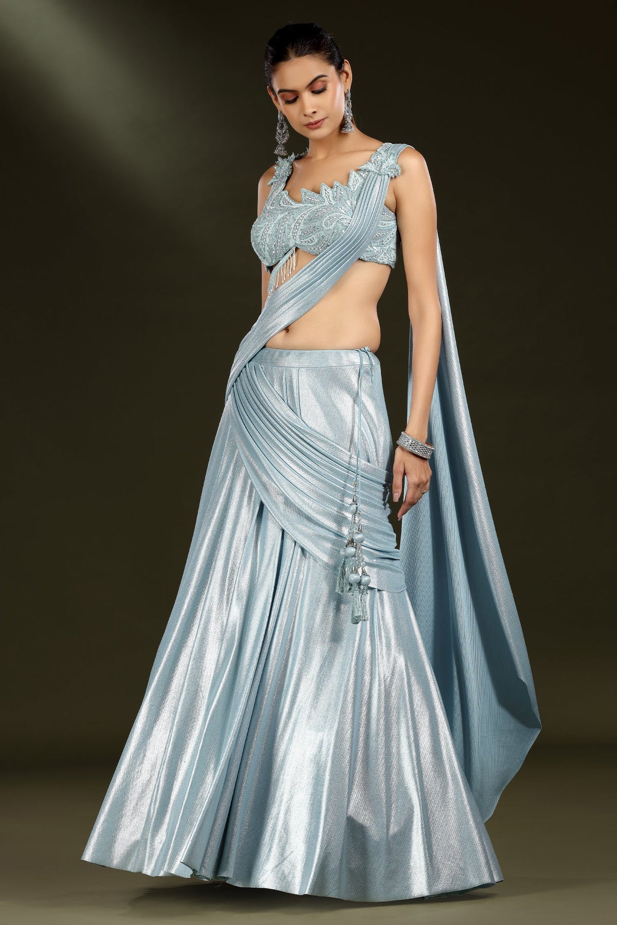 Blue Imported Crepe Silk Lehenga with Embellished Blouse and Attached Dupatta - blue silk saree