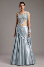 Blue Imported Crepe Silk Lehenga with Embellished Blouse and Attached Dupatta - blue silk saree