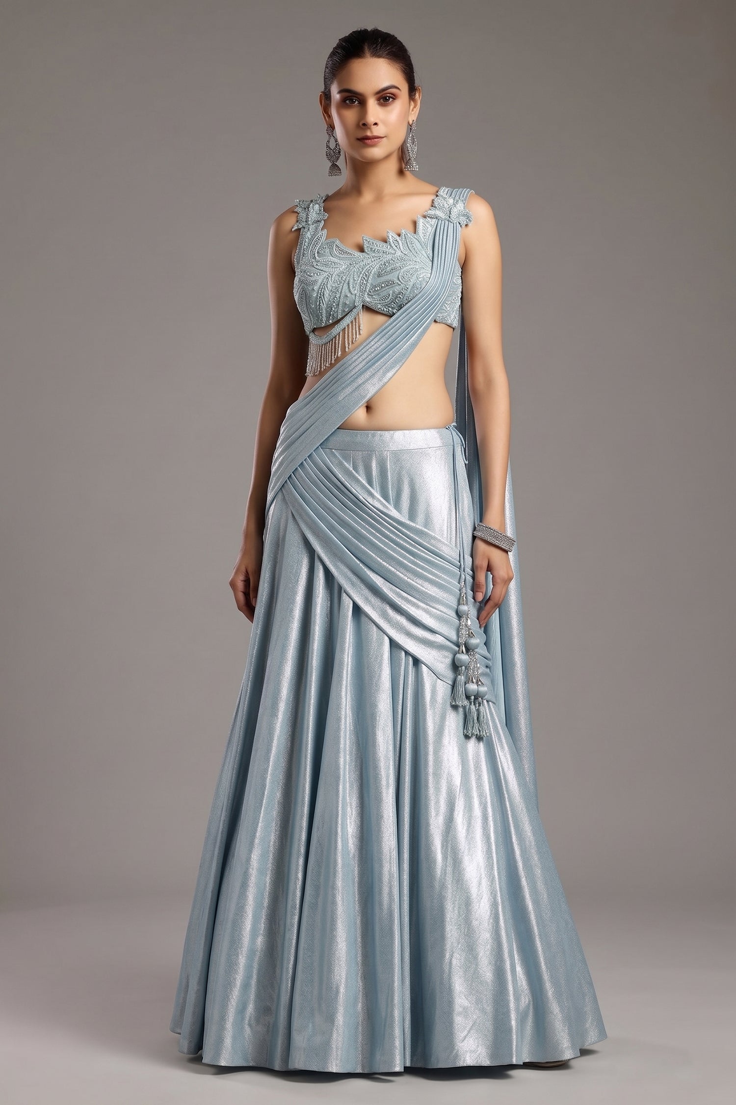 Blue Imported Crepe Silk Lehenga with Embellished Blouse and Attached Dupatta - blue silk saree