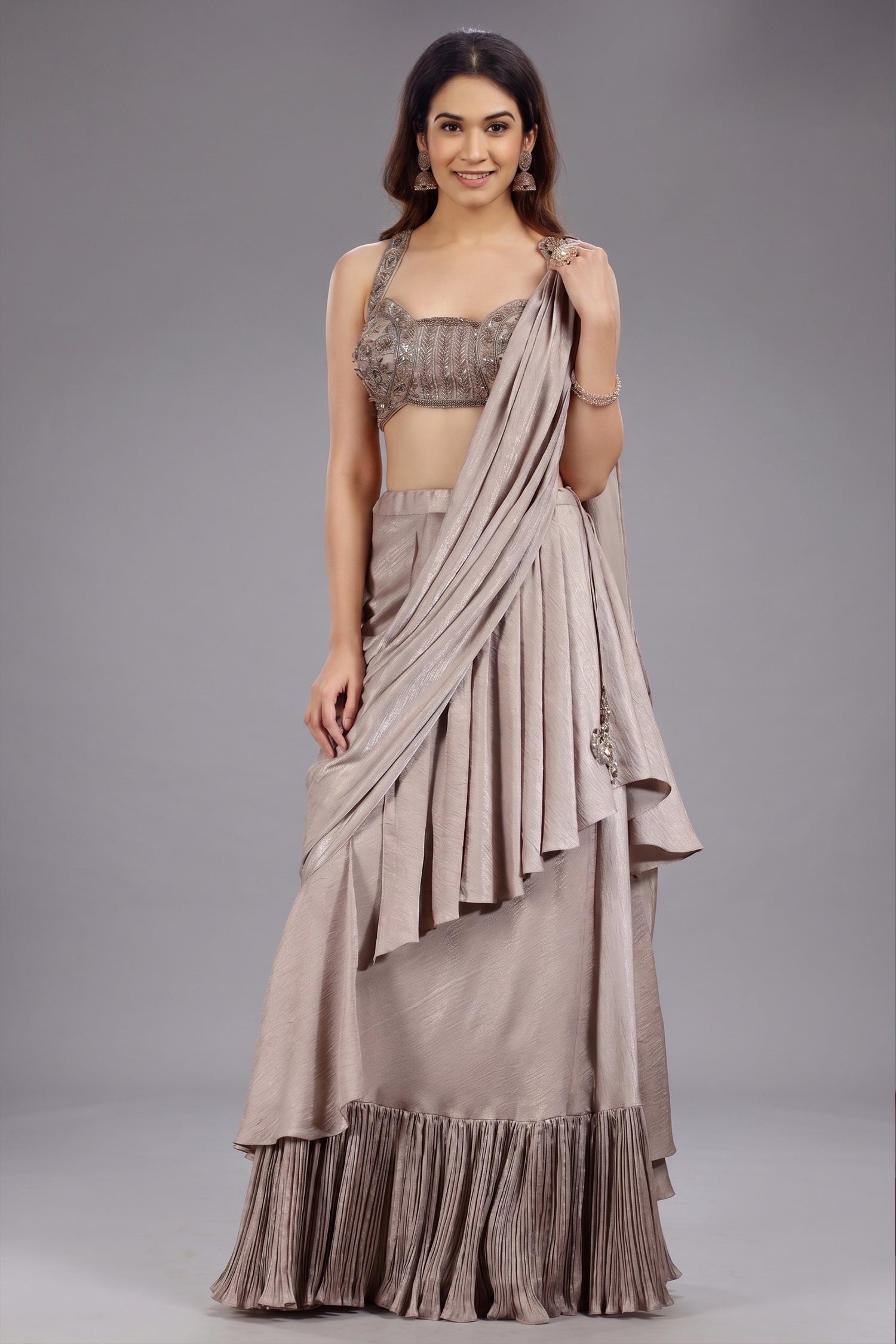 Champagne Beige Imported Lycra Lehenga with Attached Dupatta - beige saree Main image