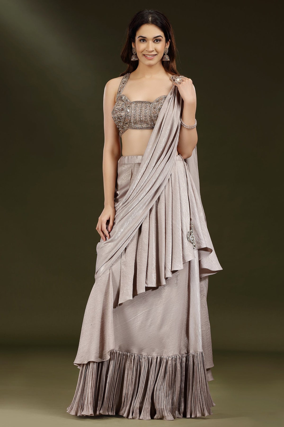 Champagne Beige Imported Lycra Lehenga with Attached Dupatta - beige saree