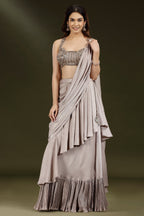 Champagne Beige Imported Lycra Lehenga with Attached Dupatta - beige saree