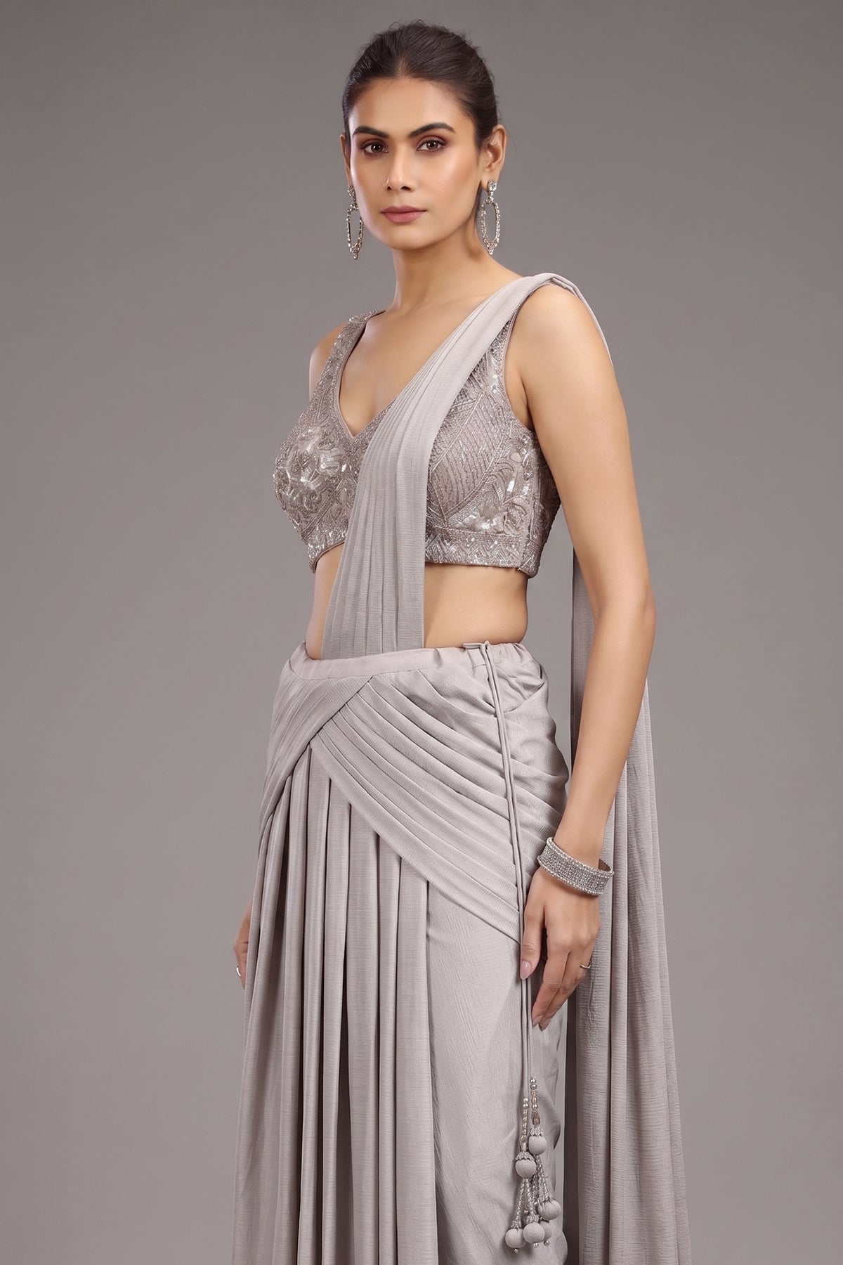 Grey Imported Pleated Lehenga with Attached Dupatta - grey saree