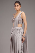 Grey Imported Pleated Lehenga with Attached Dupatta - grey saree