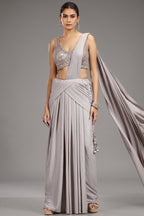 Grey Imported Pleated Lehenga with Attached Dupatta - grey saree