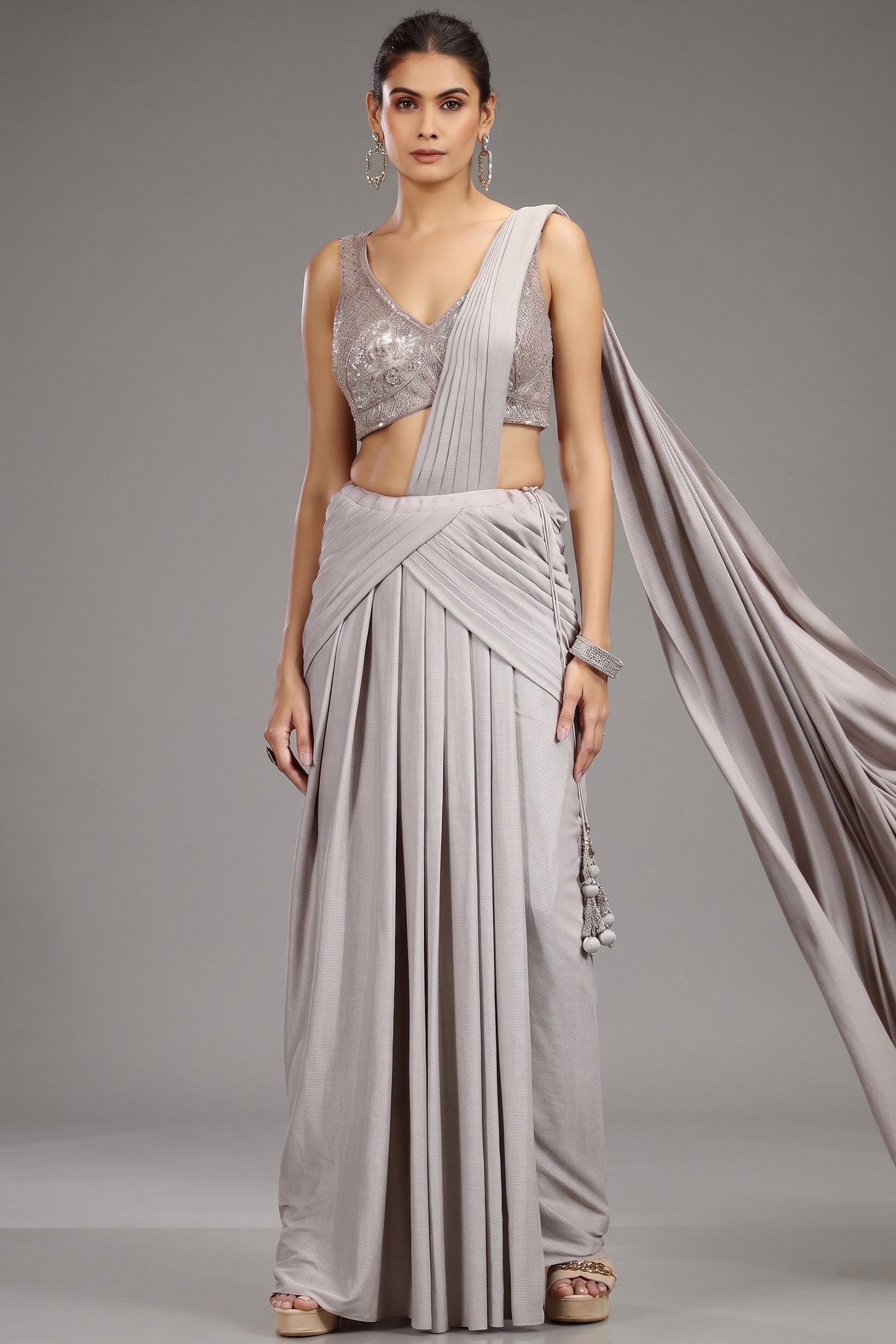 Grey Imported Pleated Lehenga with Attached Dupatta - grey saree