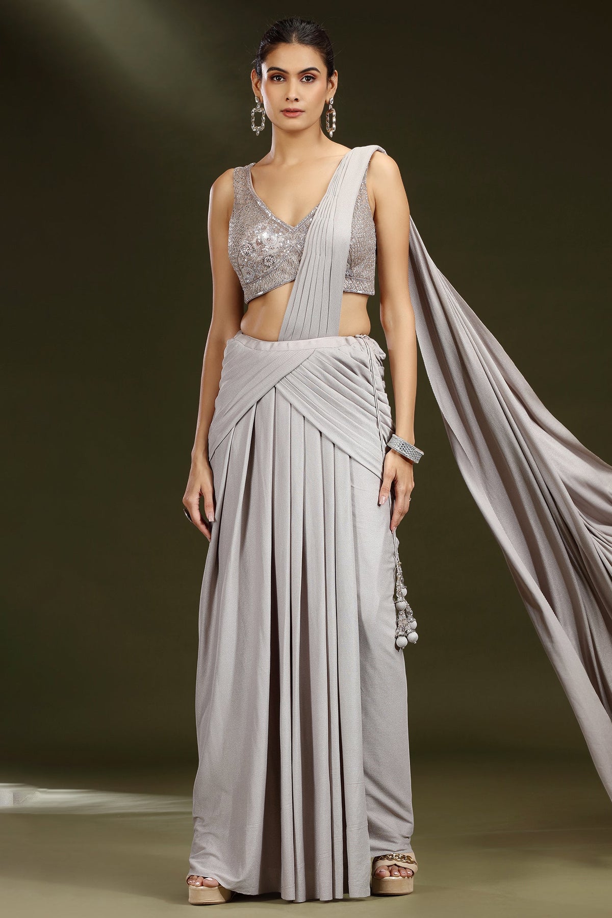 Grey Imported Pleated Lehenga with Attached Dupatta - grey saree