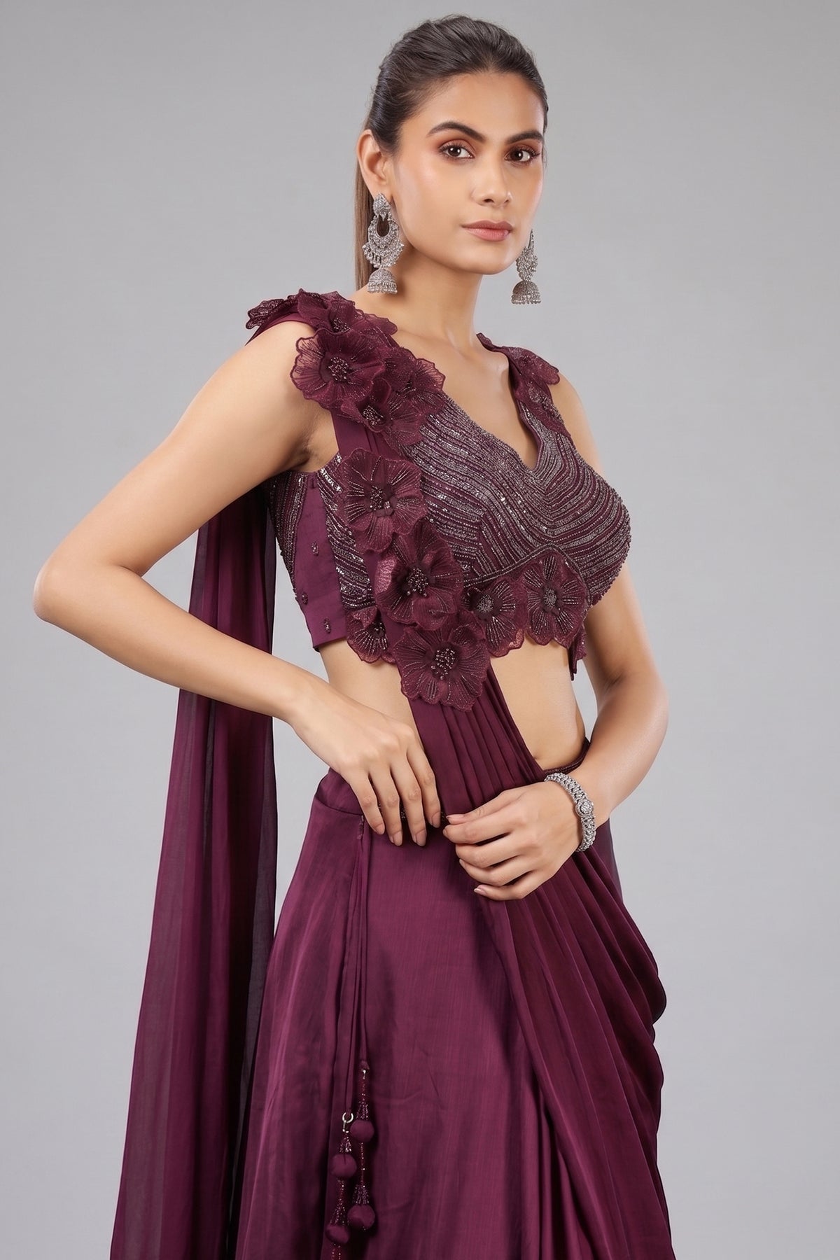 Wine Purple Chinon Lehenga with with Floral Patch Attached Dupatta - purple saree