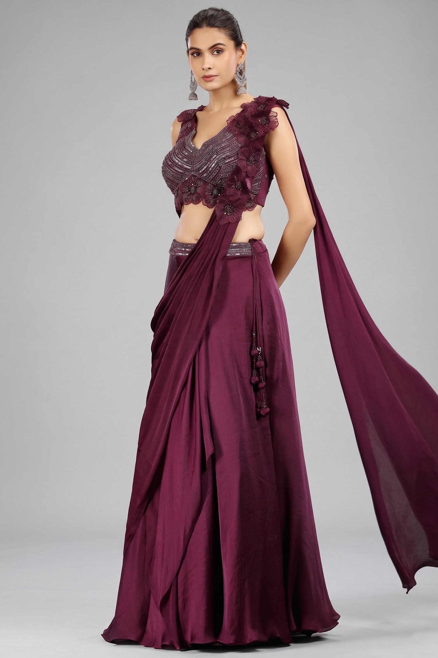 Wine Purple Chinon Lehenga with with Floral Patch Attached Dupatta - purple saree Main image