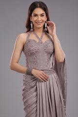 Dusty Mauve Satin Silk Embellished Corset Lehenga with Attached Dupatta - silk saree