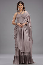 Dusty Mauve Satin Silk Embellished Corset Lehenga with Attached Dupatta - silk saree