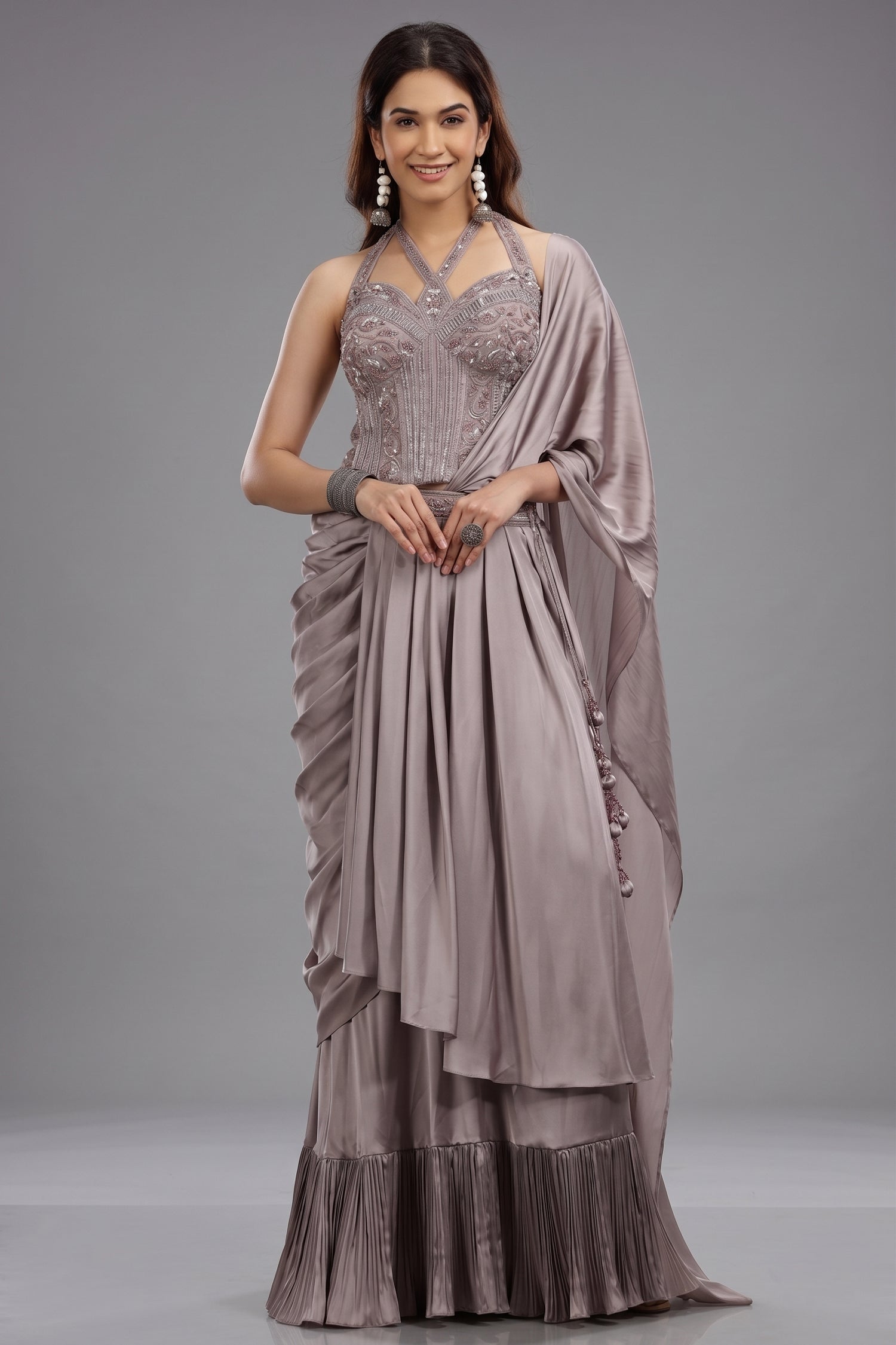 Dusty Mauve Satin Silk Embellished Corset Lehenga with Attached Dupatta - silk saree