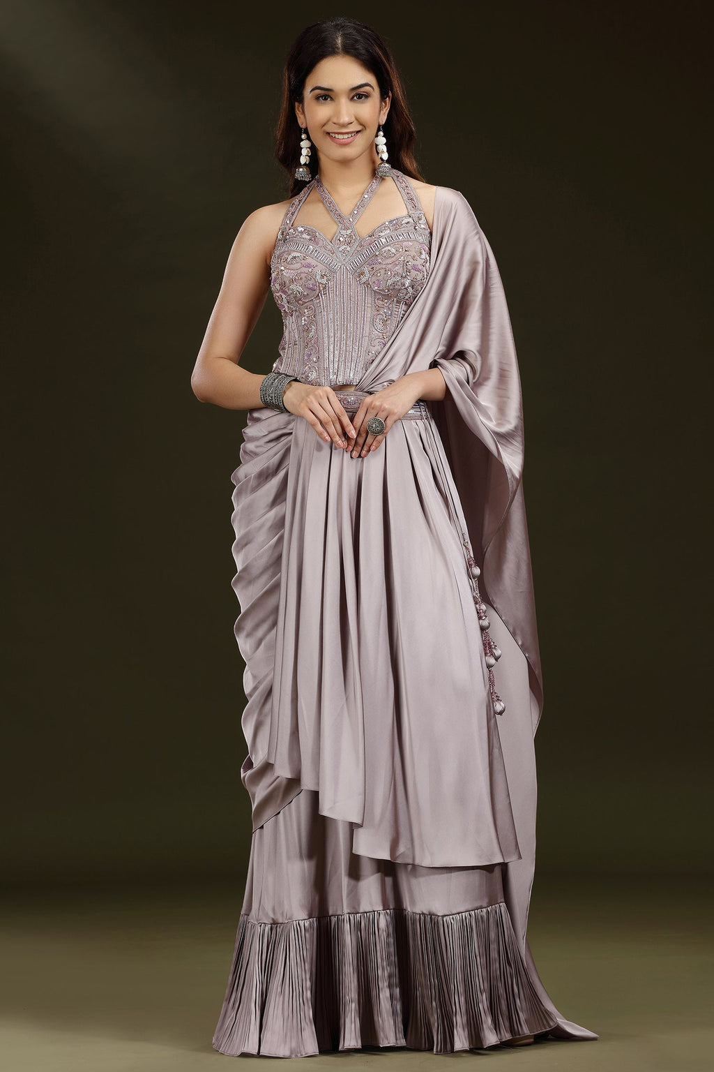 Dusty Mauve Satin Silk Embellished Corset Lehenga with Attached Dupatta - silk saree