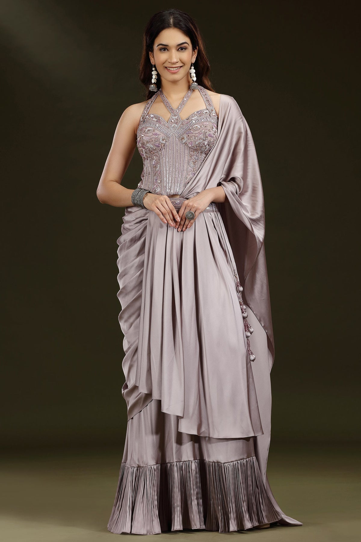 Dusty Mauve Satin Silk Embellished Corset Lehenga with Attached Dupatta