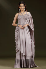 Dusty Mauve Satin Silk Embellished Corset Lehenga with Attached Dupatta