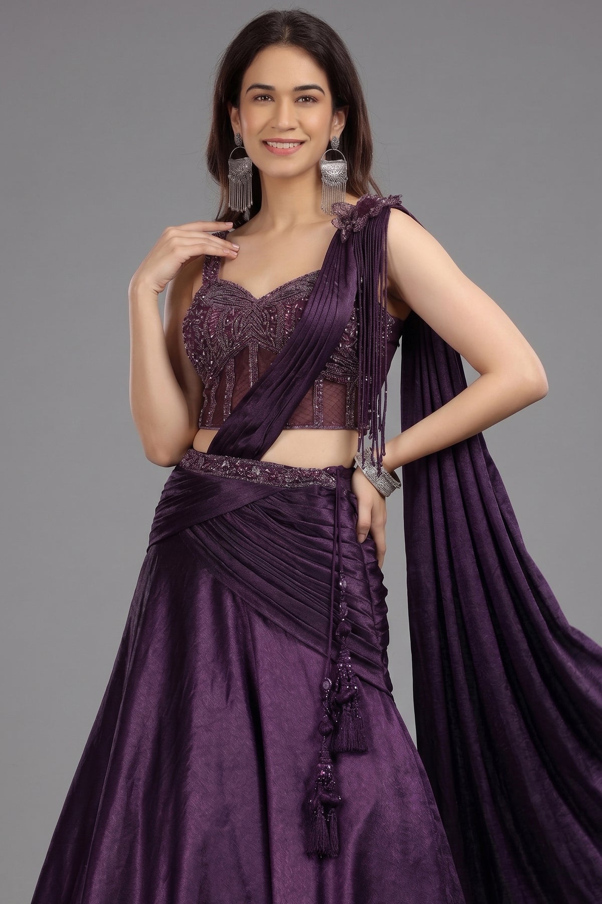 Eggplant Purple Satin Lehenga with Beaded Cutdana Corset Blouse and Attached Dupatta - purple satin saree