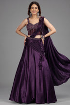 Eggplant Purple Satin Lehenga with Beaded Cutdana Corset Blouse and Attached Dupatta - purple satin saree