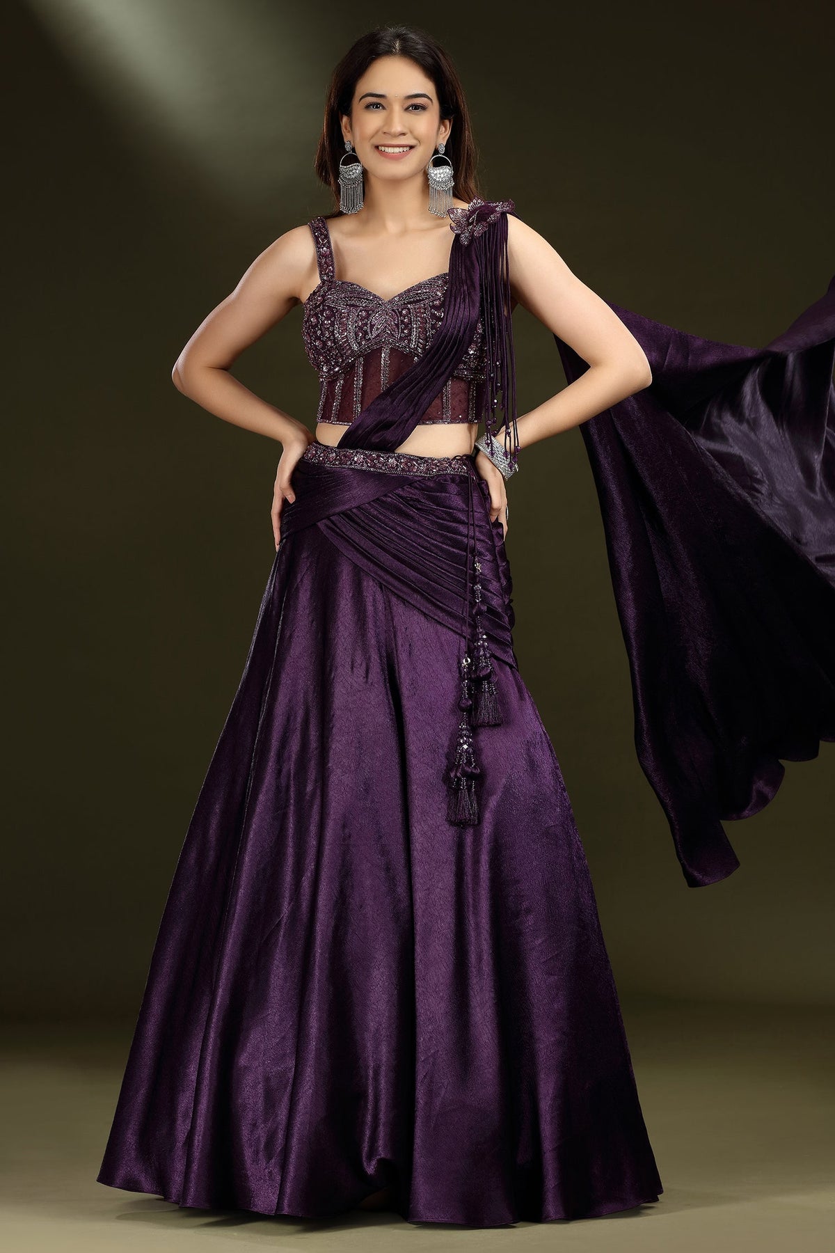 Eggplant Purple Satin Lehenga with Beaded Cutdana Corset Blouse and Attached Dupatta - purple satin saree