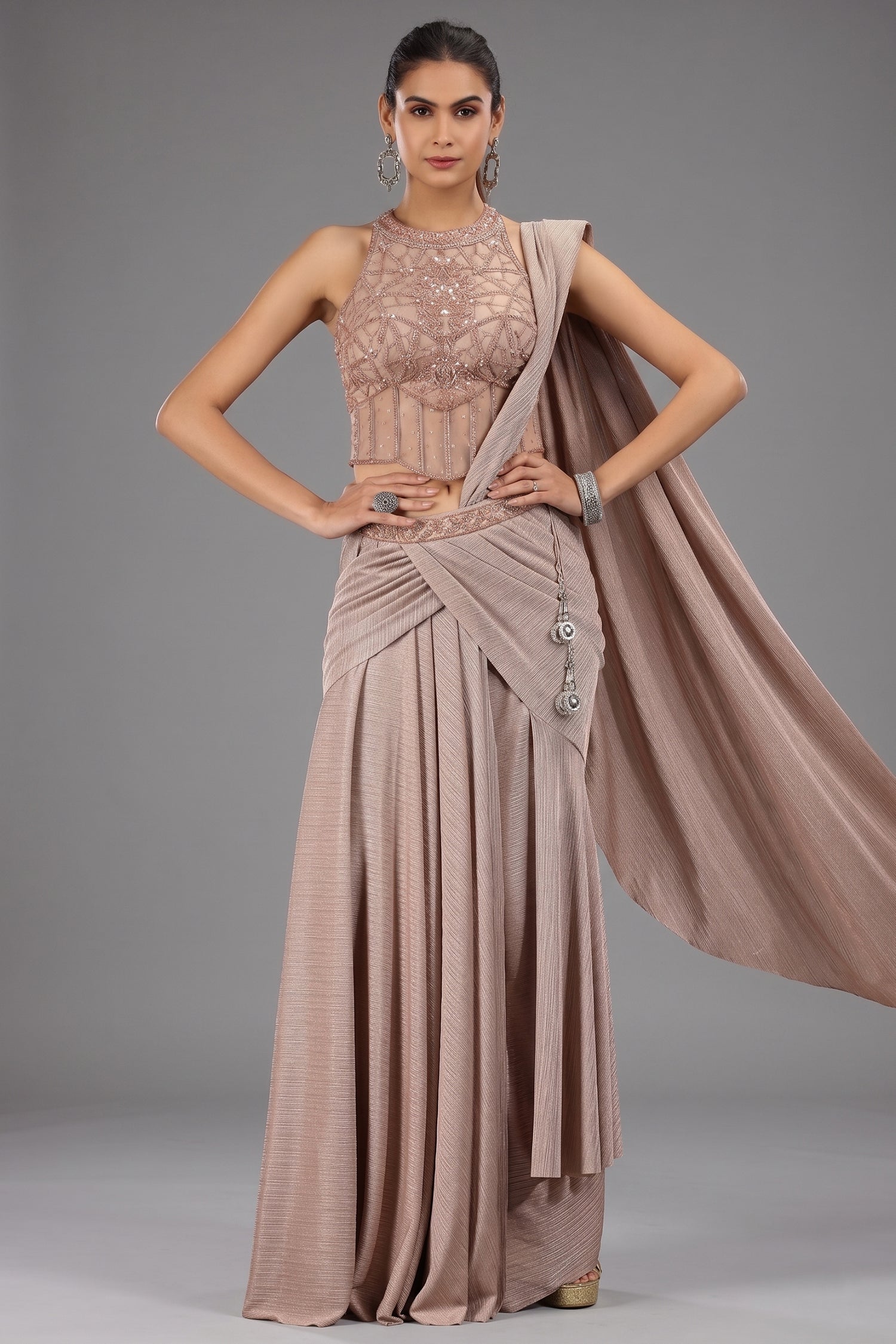Light Peach Imported Lehenga with Aattached Dupatta and Beaded Cutdana Work Heltar Neck Corset - peach saree Main image