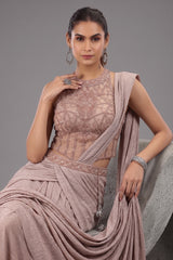Light Peach Imported Lehenga with Aattached Dupatta and Beaded Cutdana Work Heltar Neck Corset