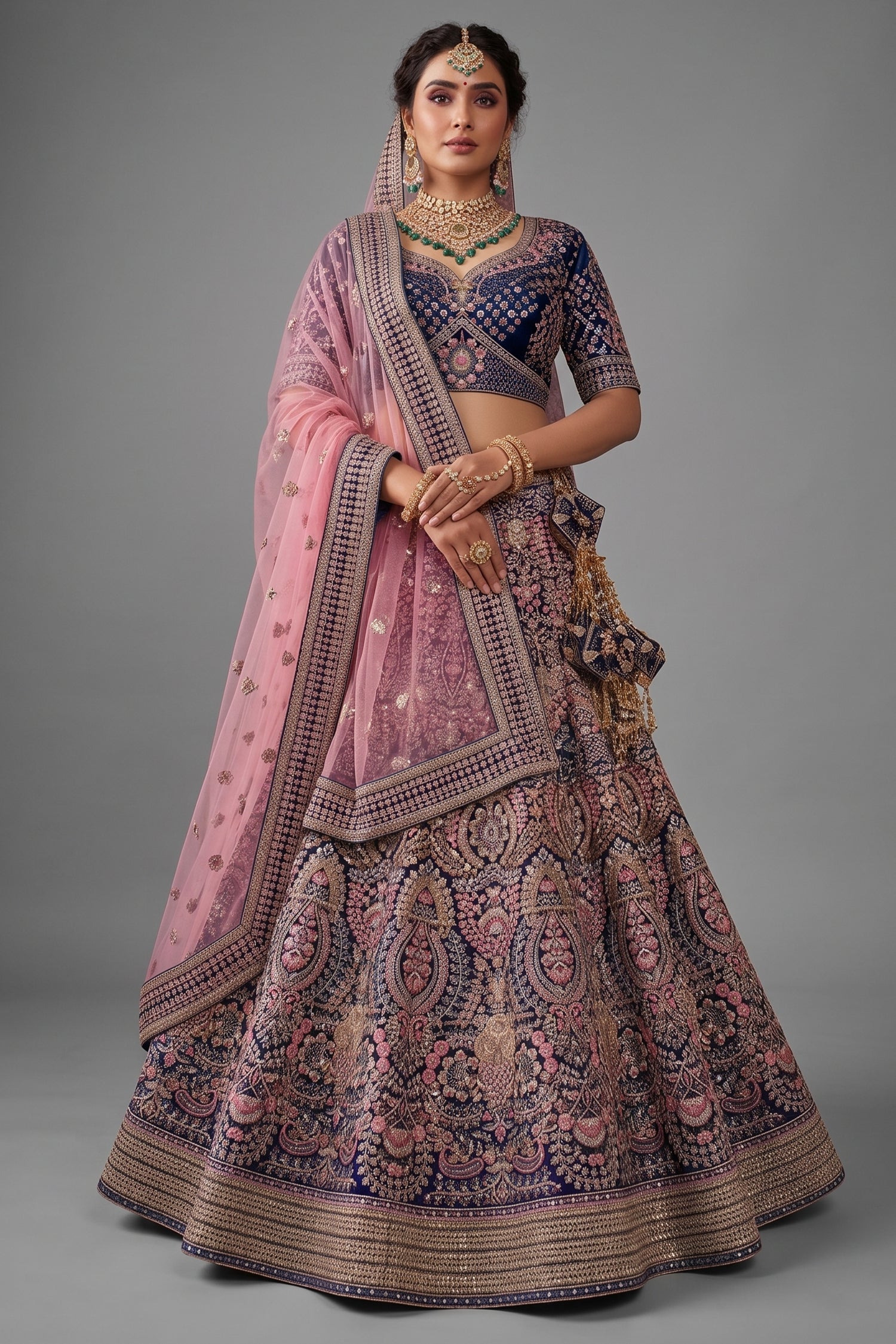 Dark Blue Velvet Heavy Worked Bridal Lehenga - blue velvet saree Main image