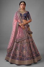 Dark Blue Velvet Heavy Worked Bridal Lehenga - blue velvet saree