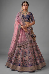 Dark Blue Velvet Heavy Worked Bridal Lehenga - blue velvet saree