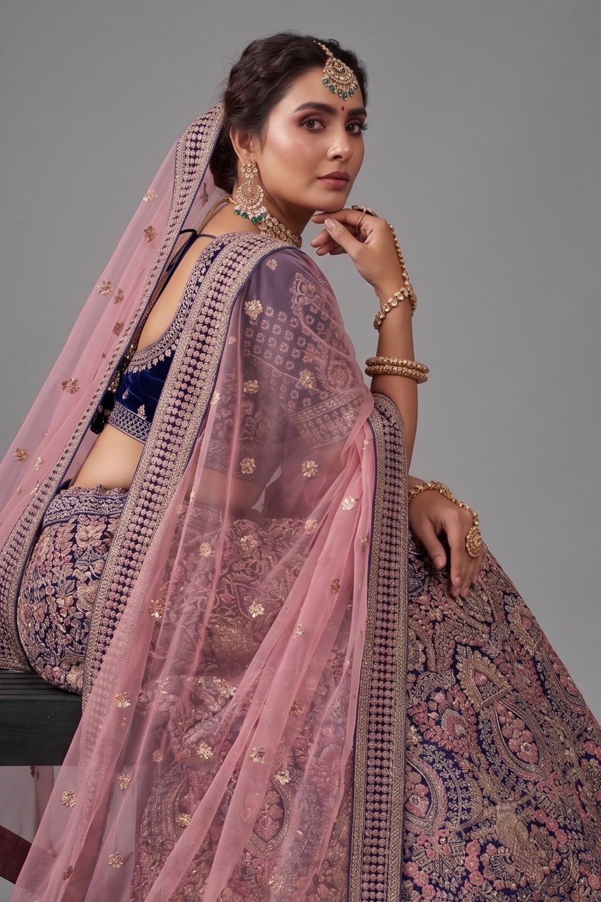 Dark Blue Velvet Heavy Worked Bridal Lehenga - blue velvet saree