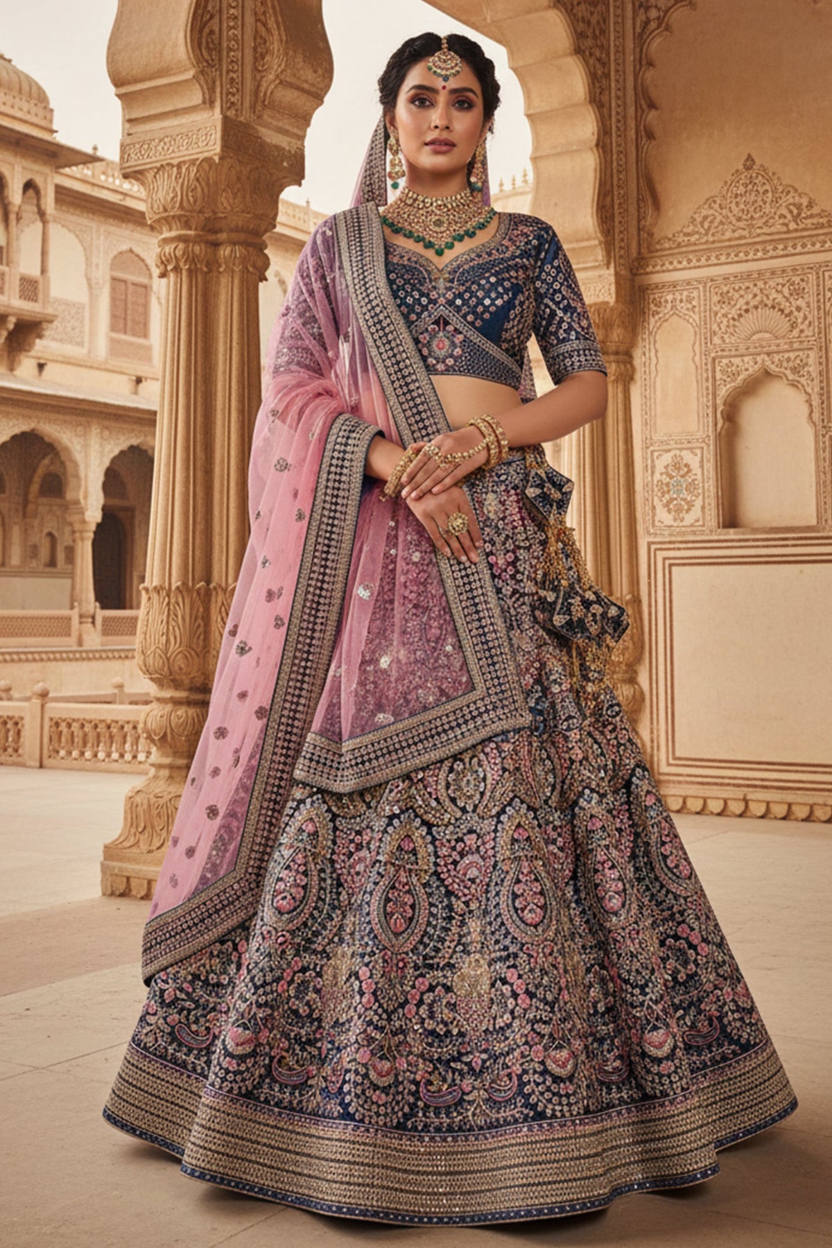 Dark Blue Velvet Heavy Worked Bridal Lehenga - blue velvet saree