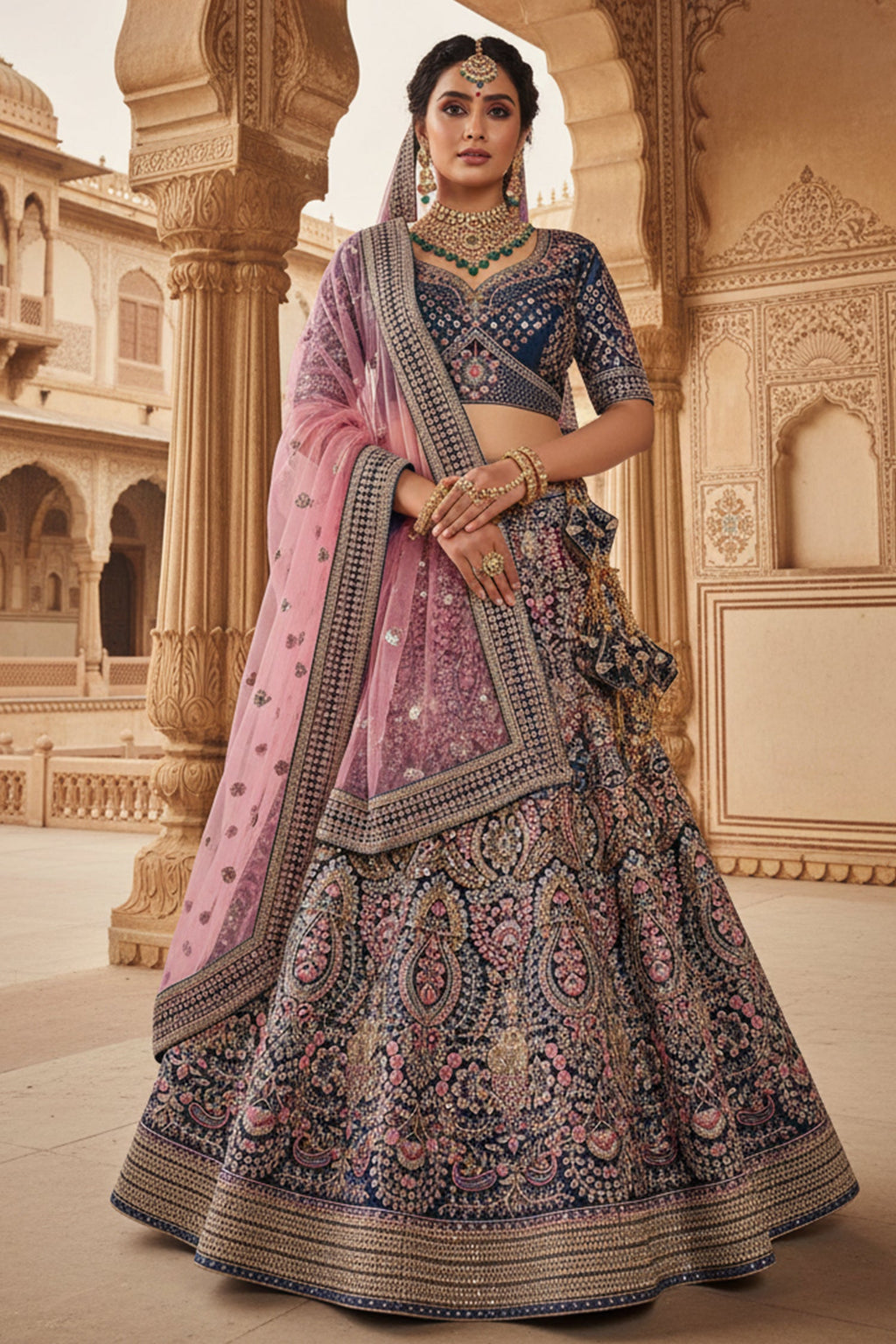 Dark Blue Velvet Heavy Worked Bridal Lehenga - blue velvet saree