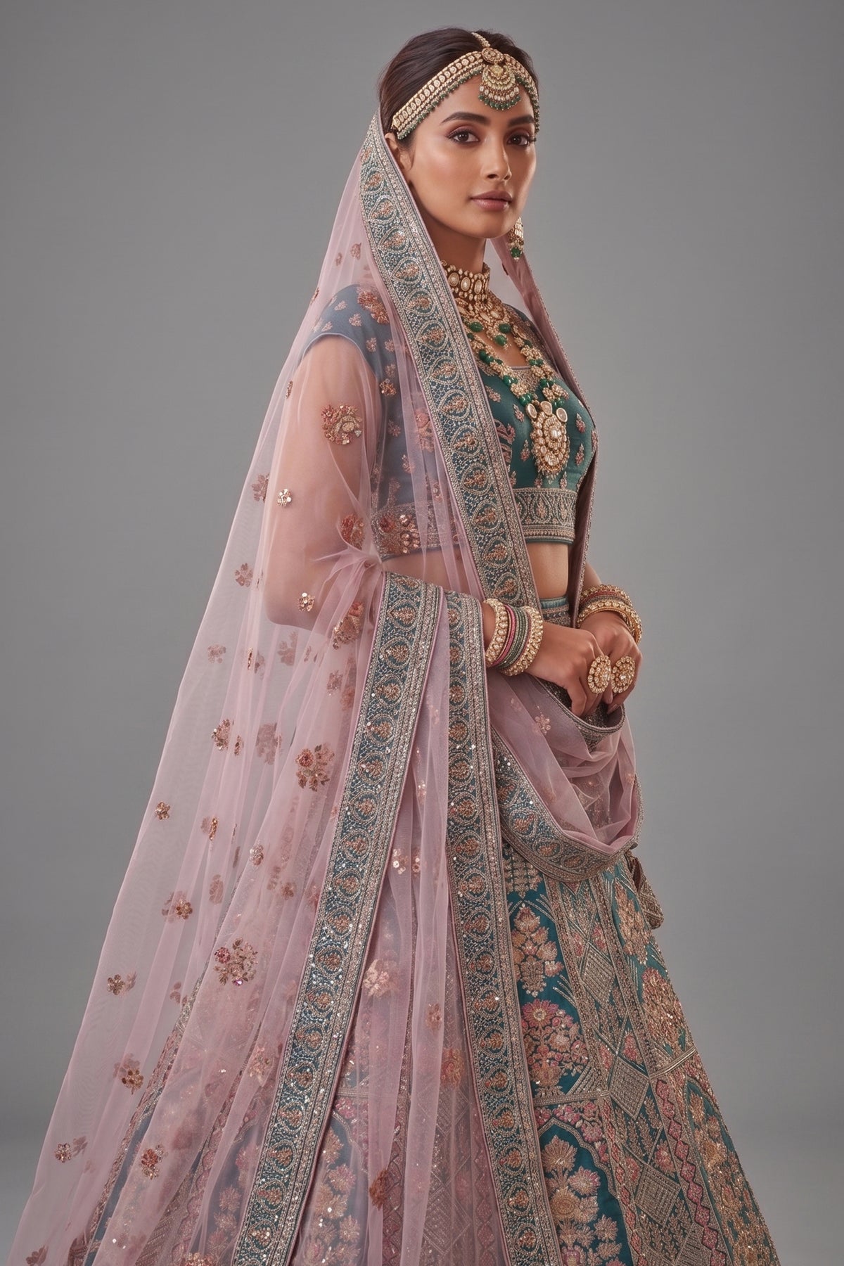 Green Velvet Heavy Worked Bridal Lehenga - green velvet saree