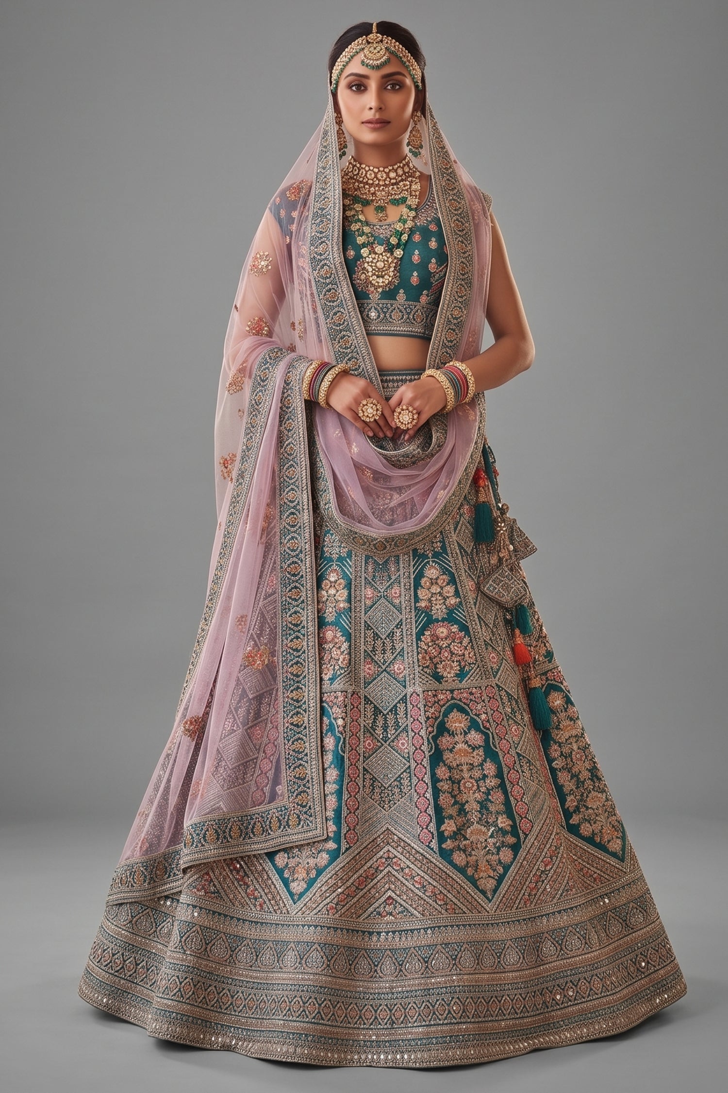 Green Velvet Heavy Worked Bridal Lehenga - green velvet saree