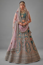 Green Velvet Heavy Worked Bridal Lehenga - green velvet saree