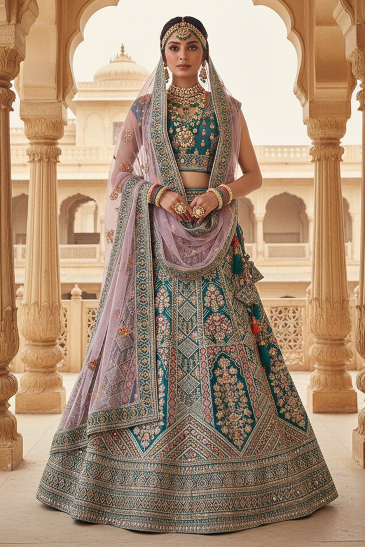 Green Velvet Heavy Worked Bridal Lehenga - green velvet saree