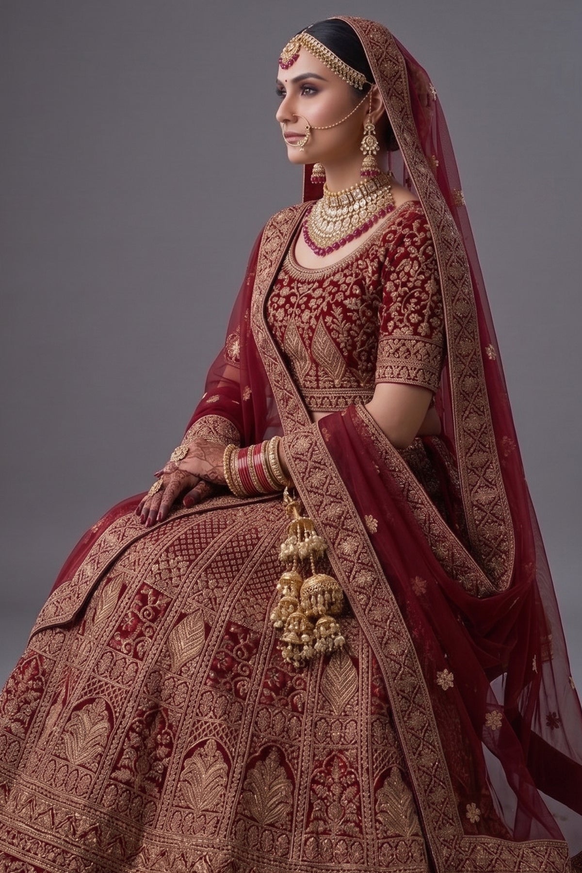 Red Velvet Heavy Worked Bridal Lehenga - red velvet saree