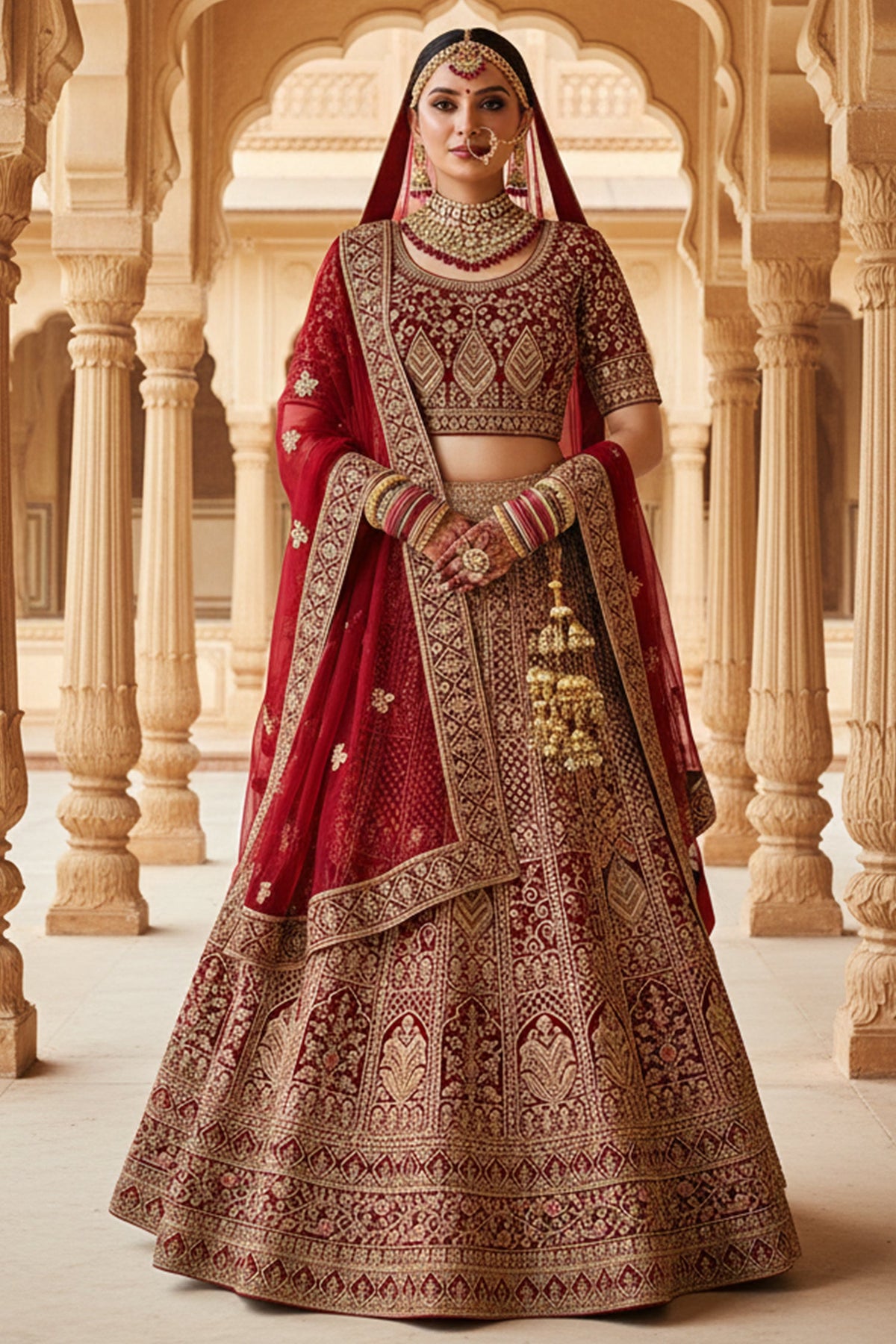 Red Velvet Heavy Worked Bridal Lehenga - red velvet saree