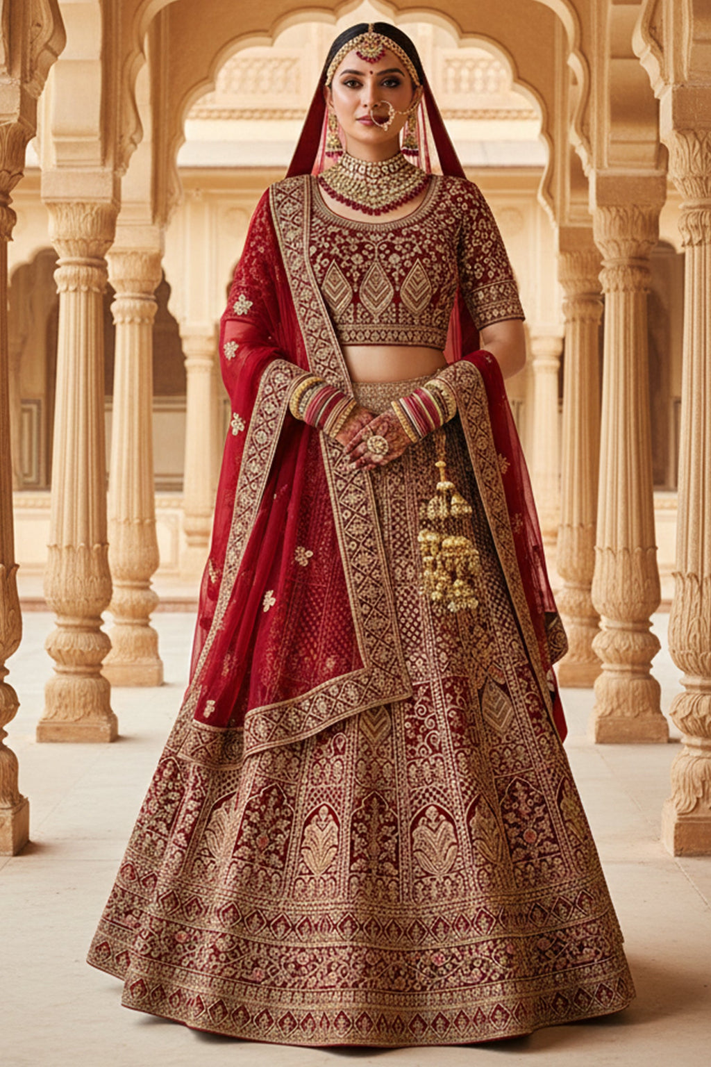 Red Velvet Heavy Worked Bridal Lehenga - red velvet saree
