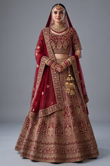Red Velvet Heavy Worked Bridal Lehenga - red velvet saree