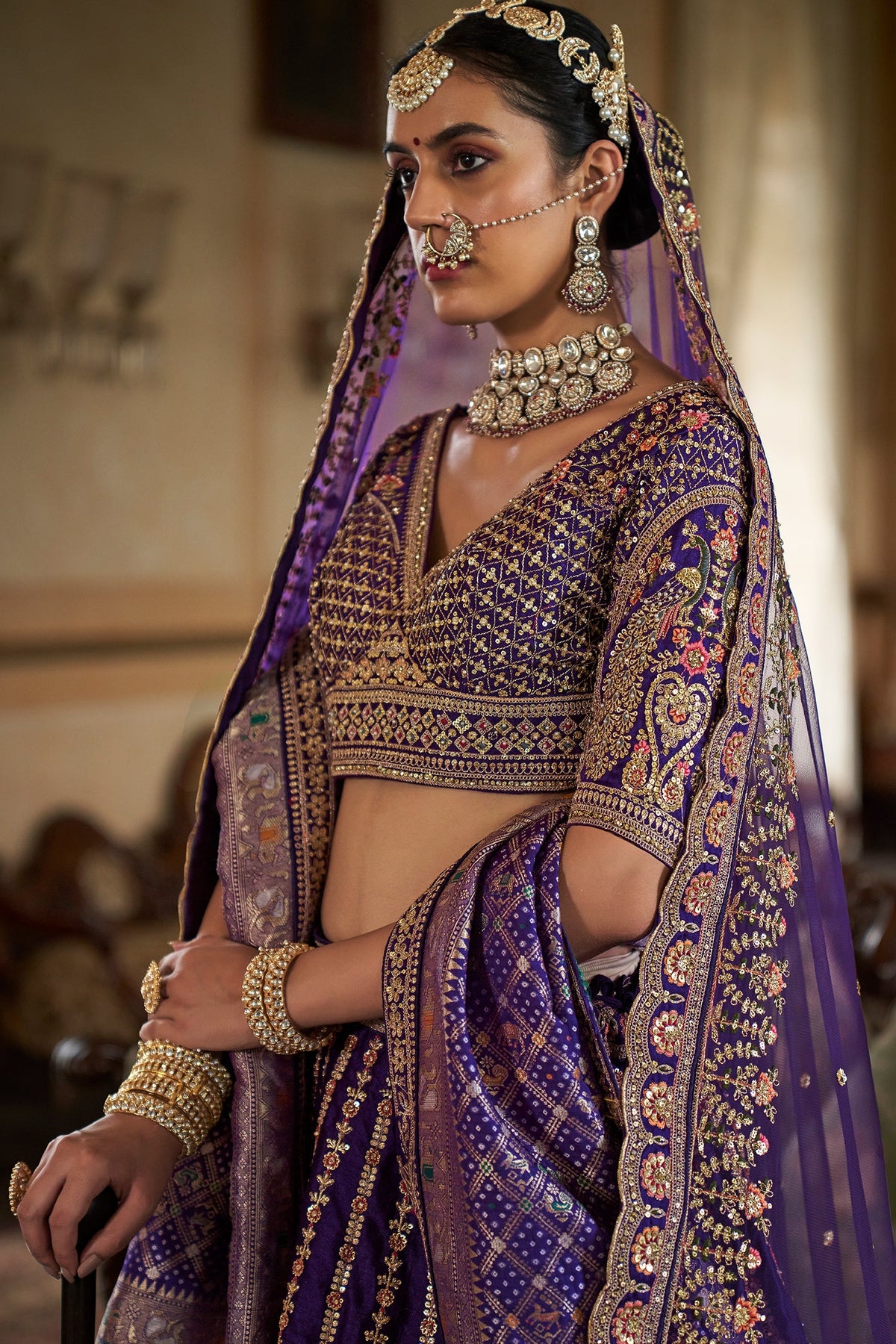 Purple Silk Heavy Worked Bridal Lehenga - purple silk saree