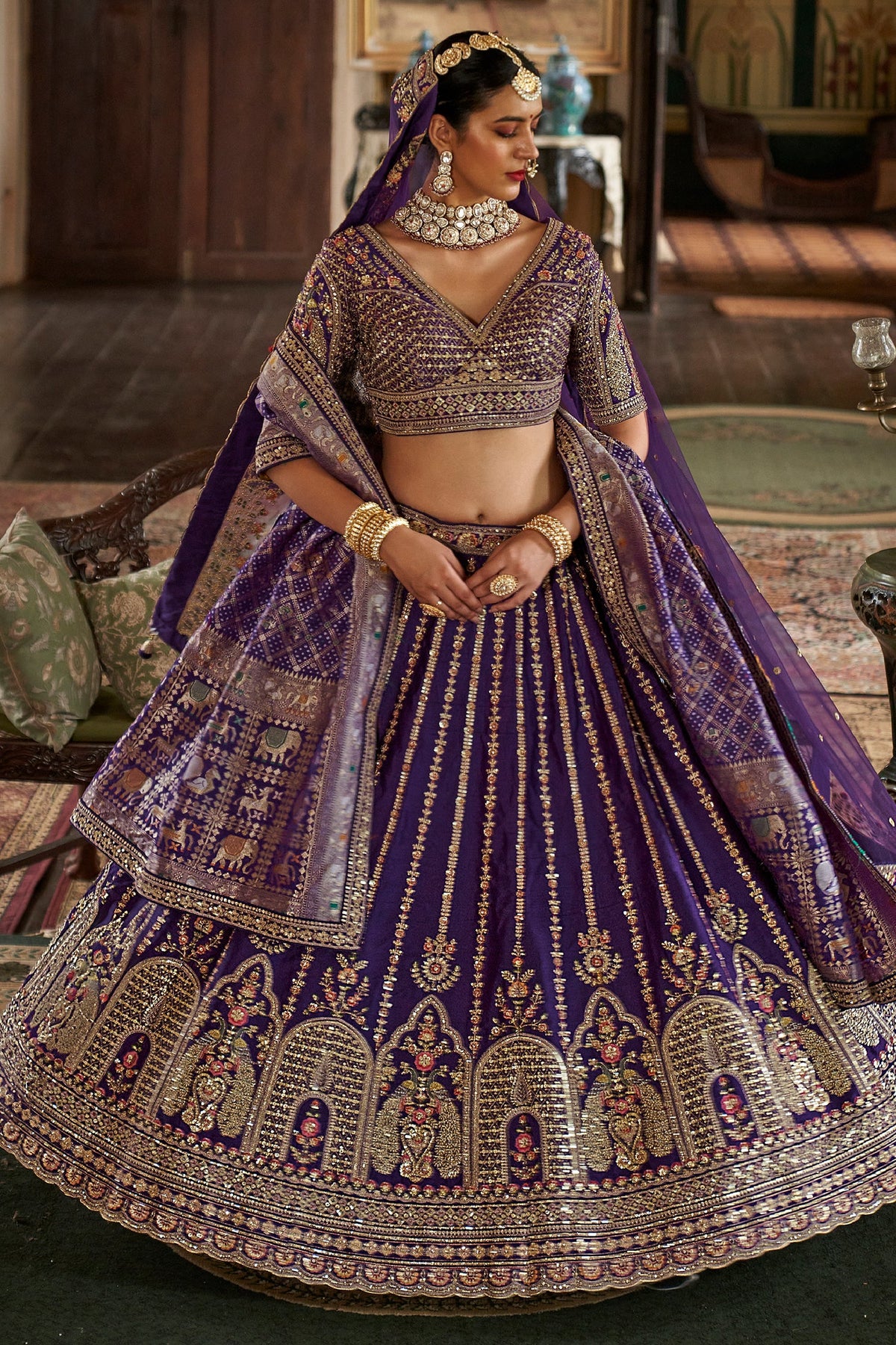 Purple Silk Heavy Worked Bridal Lehenga - purple silk saree