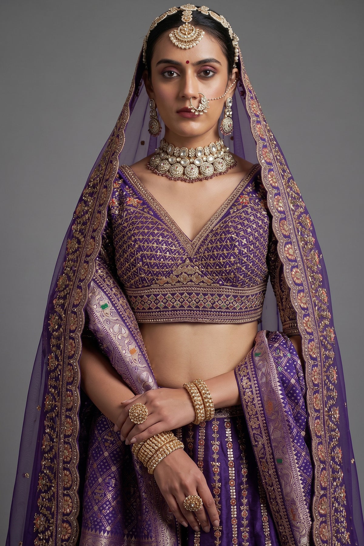 Purple Silk Heavy Worked Bridal Lehenga - purple silk saree