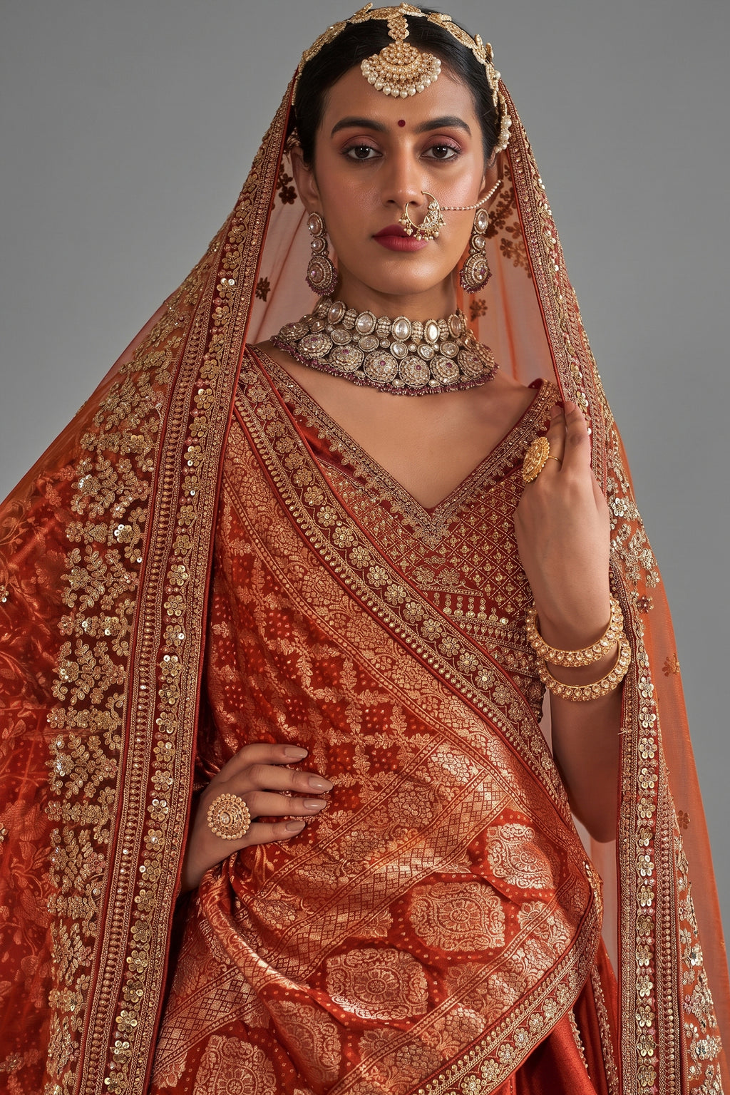 Orange Silk Heavy Worked Bridal Lehenga - orange silk saree