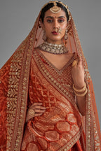 Orange Silk Heavy Worked Bridal Lehenga - orange silk saree